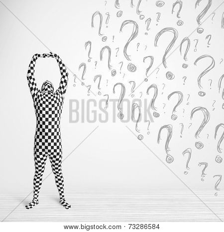 3d human character is body suit morphsuit looking at hand drawn question marks