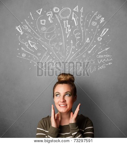 Pretty young woman with many sketched arrows pointed in different directions above her head