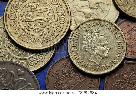 Coins of Denmark. Queen Margrethe II of Denmark and Danish national coat of arms depicted in Danish krone coins.