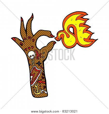 retro comic book style cartoon tattoo arm fire symbol