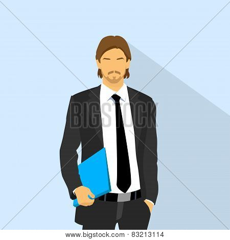 Businessman wear elegant fashion suit hold blue folder, business man flat icon