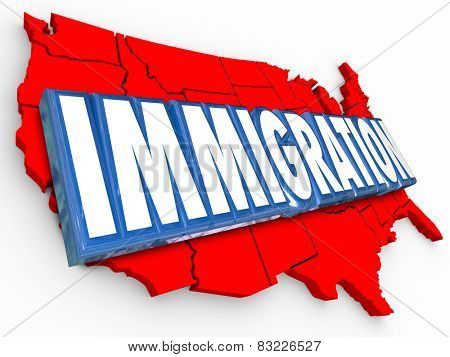 Immigration 3d word on red map of United States of America illustrating reform in status for legal residency or citizenship for aliens