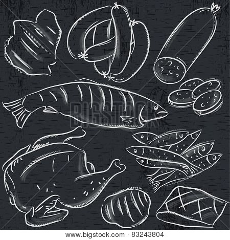 Set Of Different Meats On Blackboard , Vector