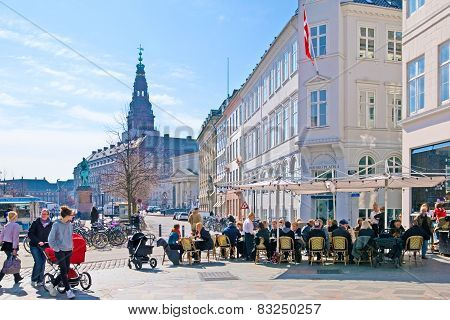 Denmark. Copenhagen. Open air cafe in the center of the city