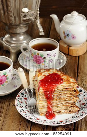 Russian Bliny With Raspberry Jam, Vintage Samovar And Teaware