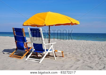Beach Umbrella and Beach Chairs