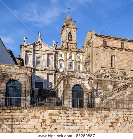 Sao Francisco Church, right, 14th century Gothic architecture. Terceiros de Sao Francisco Church, left, in Neoclassical architecture. Unesco World Heritage Site 
