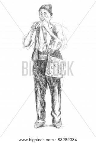 Flute Player. An Hand Drawn Full Sized Illustration, Original.