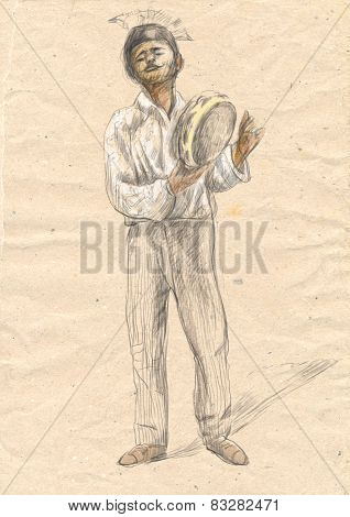Tambourine Player. An Hand Drawn Full Sized Illustration, Original.