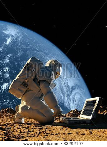 Astronaut with the device on the planet. 