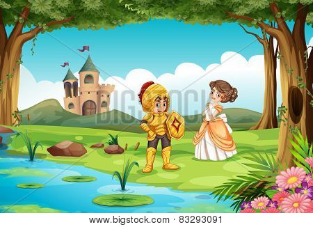 Illustration of a castle by the pond