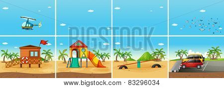 Illustration of a beach scene with playground and carpark