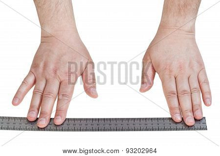 Hands With Metallic Ruler Isolated