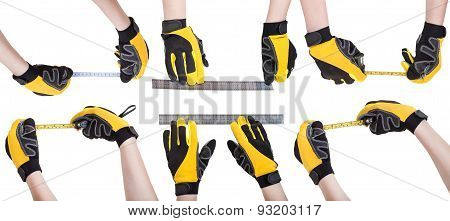 Worker Hands In Safety Glowes With Measuring Tools