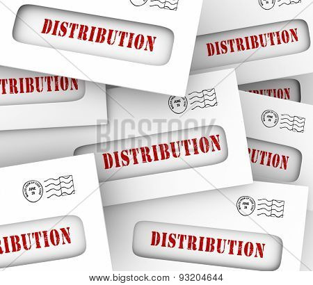 Distribution word in envelpes to illustrate money or information spread or shared through mail, delivery or circulation