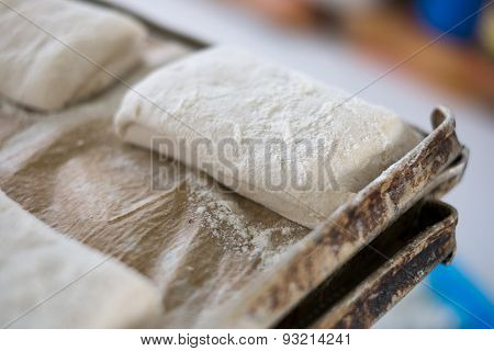 Yummy Fresh Raw Ciabatta Loaf On Tray