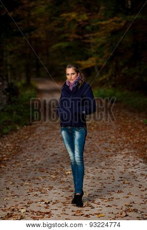 Blog Style Pretty Young Woman On A Walk In Forest On Late Autumn Day In Fashoinable Dress