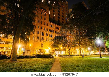 Walkway And Buildings At Night, At Rittenhouse Square In Philadelphia, Pennsylvania.