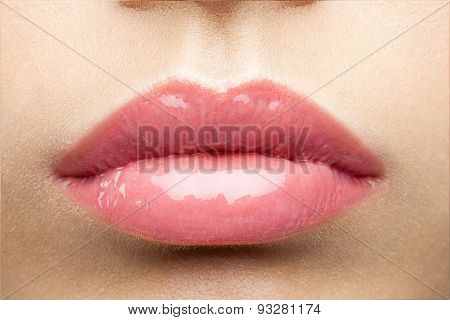Beauty Glossy Pink Full Lips Closeup