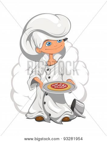 Child Clothing Chef Holding A Pizza In His Hands