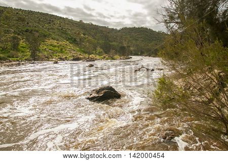 Scenic Bell Rapids landscape with rushing white water and lush flora under an overcast sky in the Swan Valley in Western Australia.