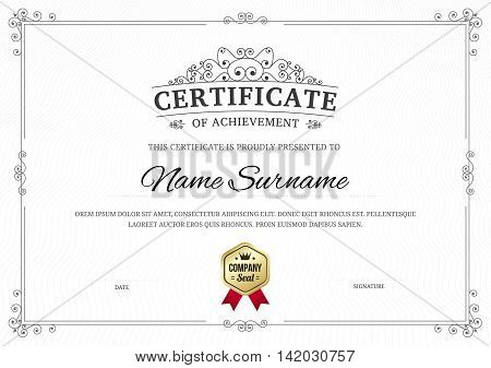 Certificate of achievement vector template background with gray ornament border line.