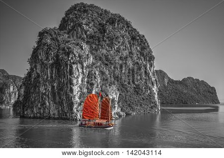Traditional ships sailing in Halong Bay, Vietnam