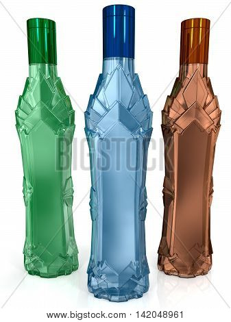 color glass bottles isolated on white background