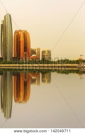 View of Abu Dhabi Skyline and Al Bateen marina at sunset, United Arab Emirates