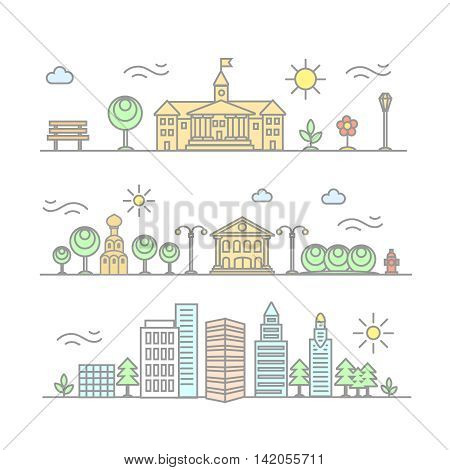 linear city illustration in trendy style, mono line buildings and houses with parks and gardens