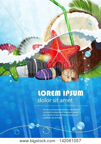 Foaming waves with palm branches coconut and starfishes. Travel and tropical resorts background