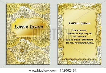Congratulatory Card And Invitation Card With Mandala Design In Vintage Oriental Style. Golden Shiny
