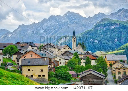 Particoular of village of Guarda Switzerland in the summer