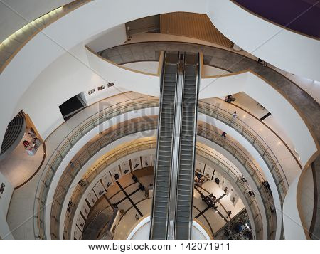 BANGKOK THAILAND - AUGUST 7 2016: Walkway escalator hall in Bangkok Art and Culture Centre. It is famous exhibition and contemporary arts in Bangkok.