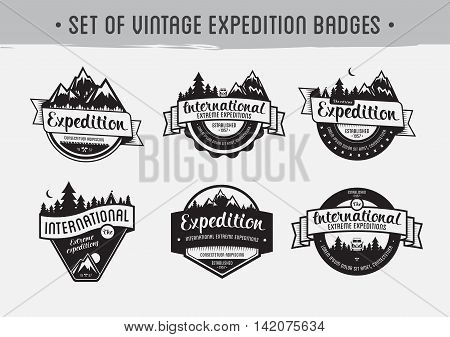 Set of mountain adventure and travel emblems. Exploration vector badges.