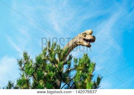 NOVI SAD SERBIA - AUGUST 7 2016: Brachiosaurus life size model of prehistoric animal in theme entertainment Dino Park. This was the largest known dinosaur estimated at 26 metres.