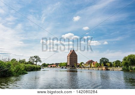 View over the river Peene to Loitz (Germany).