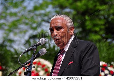 New York City - May 26 2014: United States Congressman Charles Rangel speaking at the annual Memorial Day Remembrance ceremonies in Riverside Park