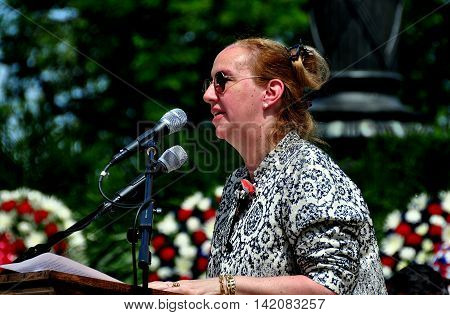 New York City - May 26 2014: Manhattan Boro President Gale A. Brewer speaking at the annual Memorial Day ceremony in Riverside Park