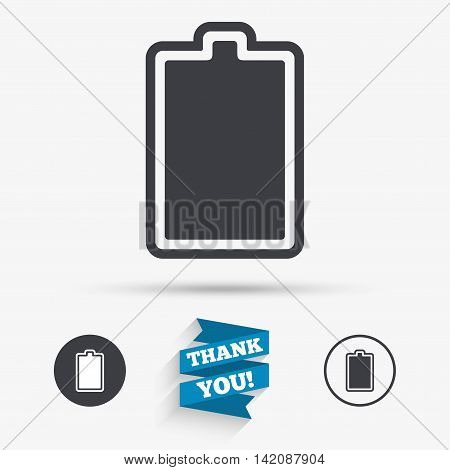 Battery fully charged sign icon. Electricity symbol. Flat icons. Buttons with icons. Thank you ribbon. Vector