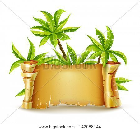 Old pirate bundle scroll and palms leaves of fairy-tale tropical island. Vojage travel banner concept. Ancient manuscript document yellow paper. Isolated on white. Rasterized illustration