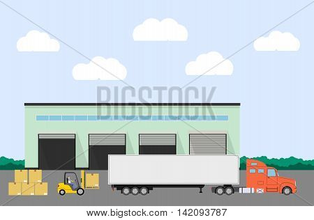 Truck and forklift loader near factory. Cargo loading. Industry product loading into truck. Logistics concept. Vector illustration.