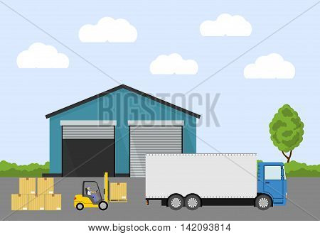 Truck and forklift loader near factory. Cargo loading. Industry product loading into truck. Logistics concept. Vector illustration.