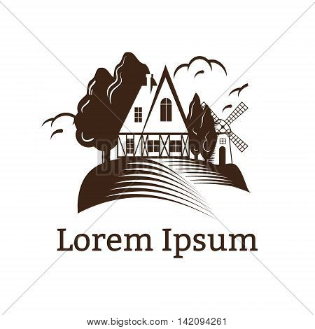Countryside Landscape with Little Farmhouse and Windmill in a field. Black Simple Vector Logo Template for Fresh Farm Products