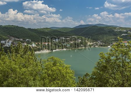Nice view of Abrau-Durso Lake in Caucasus mountains.