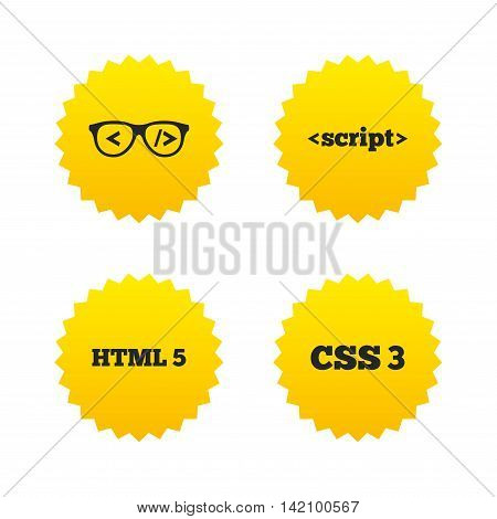 Programmer coder glasses icon. HTML5 markup language and CSS3 cascading style sheets sign symbols. Yellow stars labels with flat icons. Vector