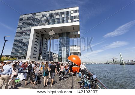 COLOGNE GERMANY - AUG 7 2016: Contemporary Crane Houses at the Rheinauhafen in the city of Cologne Germany