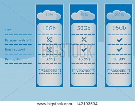 Three vector prices for cloud storage price table on a light background.