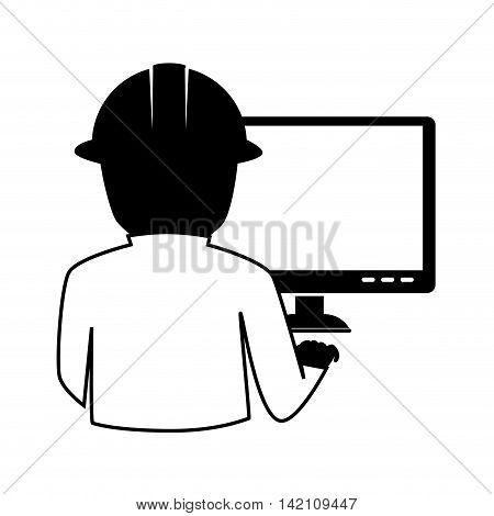 enginner helmet construction search man front computer screen business male adult vector graphic isolated and flat illustration
