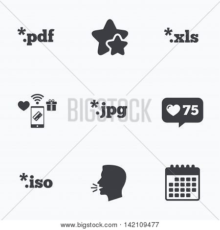 Document icons. File extensions symbols. PDF, XLS, JPG and ISO virtual drive signs. Flat talking head, calendar icons. Stars, like counter icons. Vector